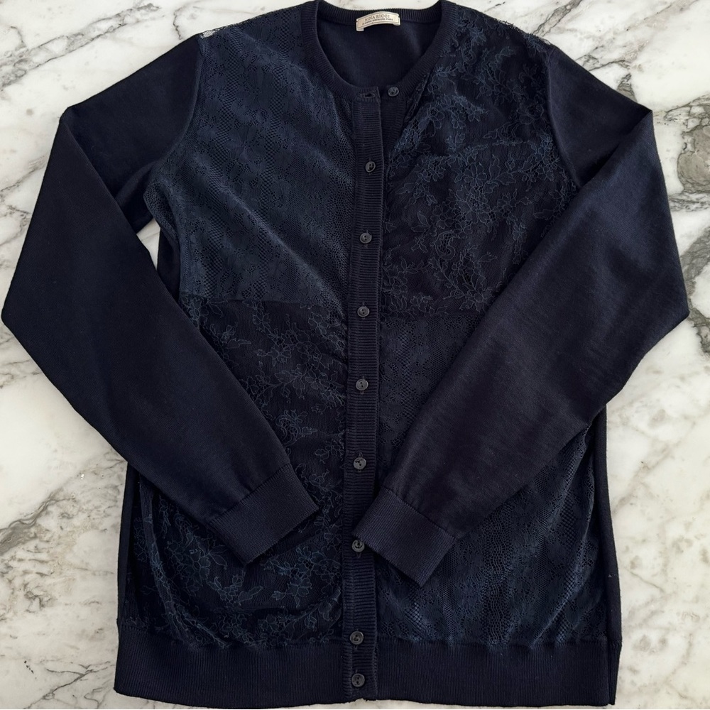 ❤️ NINA RICCI PARIS DESIGNER WOOL & LACE NAVY LIGHTWEIGHT CARDIGAN SWEATER ITALY